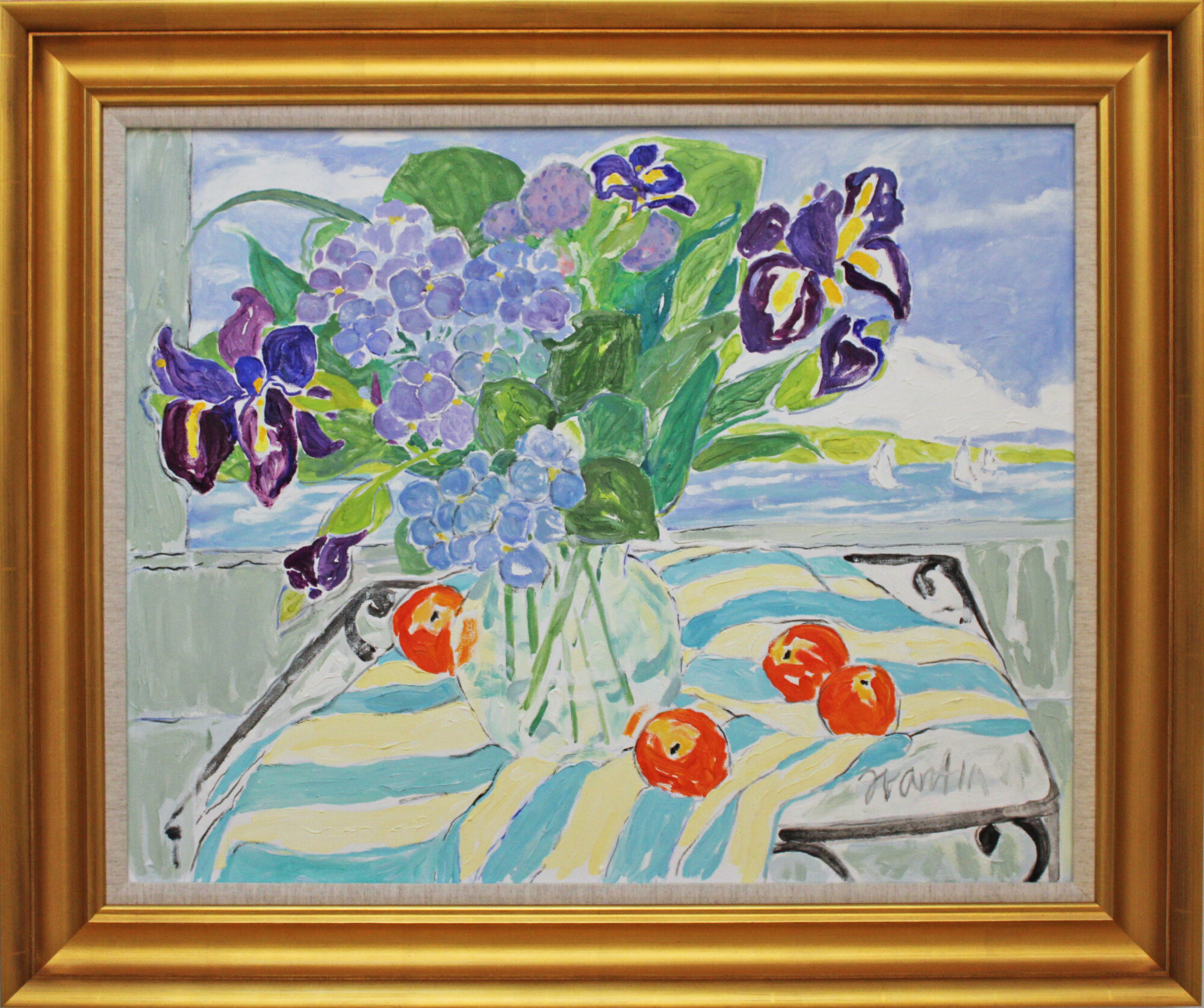 Iris and Hydrangea on Striped Cloth